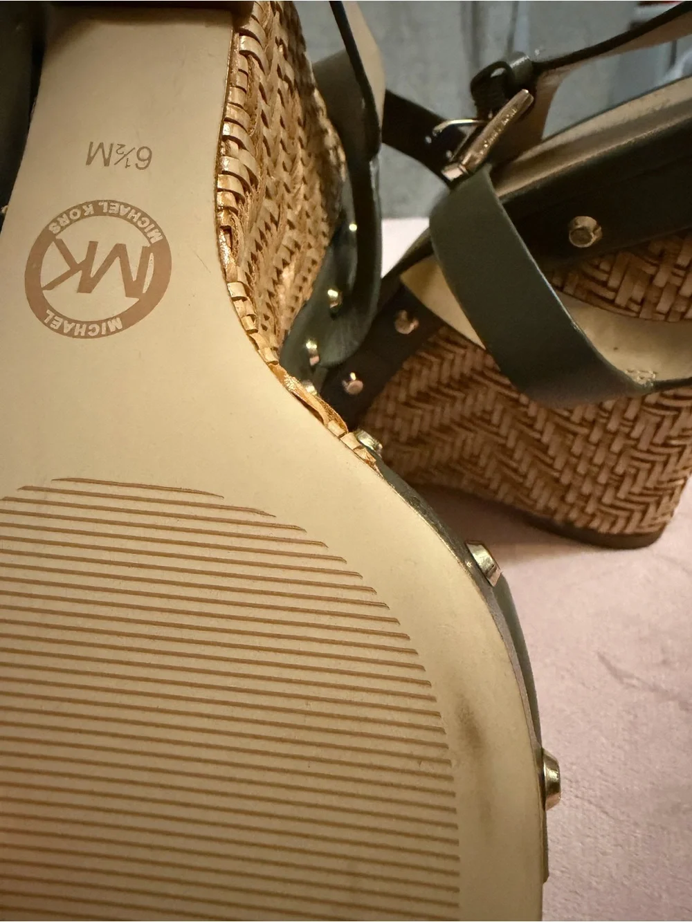 Michael Kors Women's Olive Green Wedge Sandals with Raffia Detail
